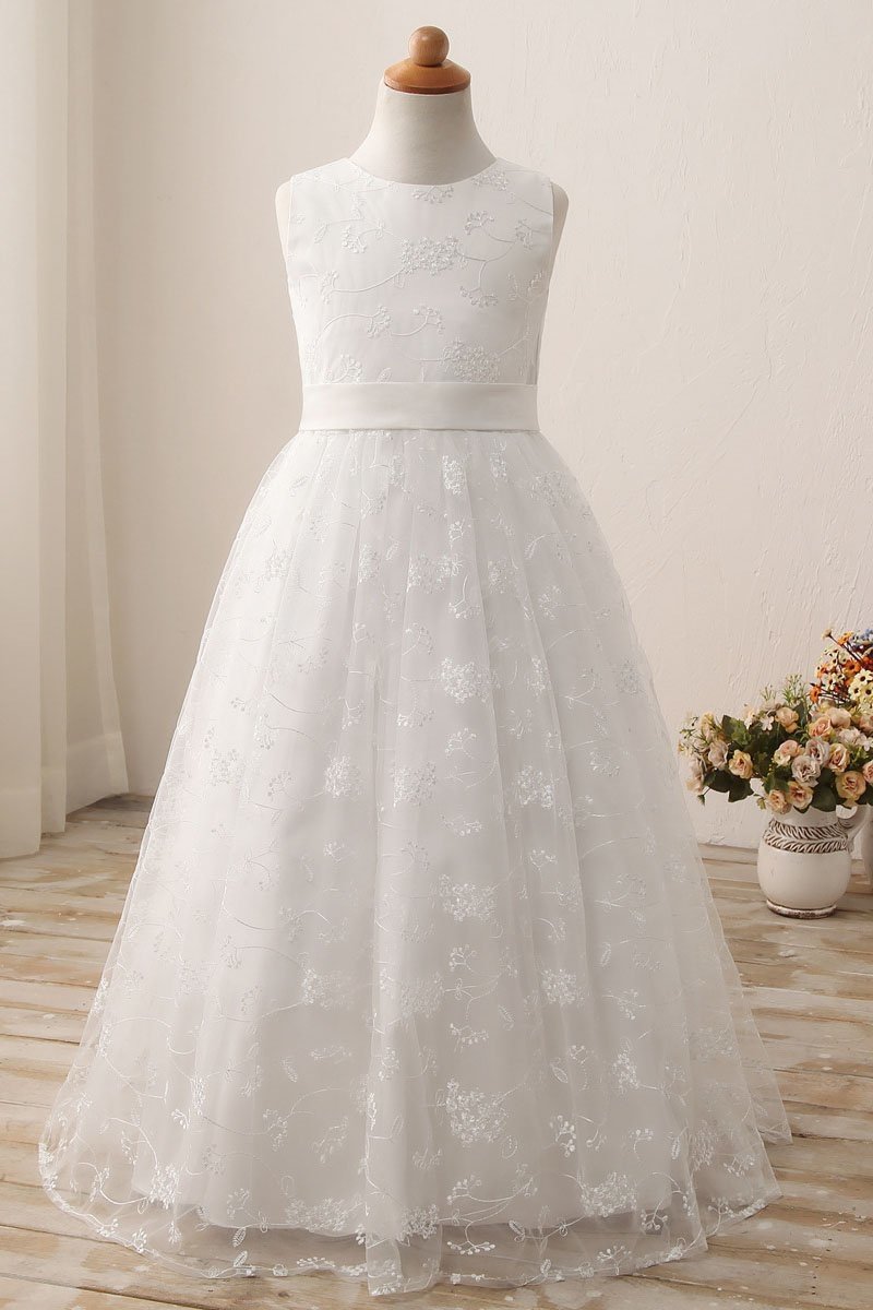 Long Scoop Neck Short Sleeveless Ball Gown Flower Girl Dress