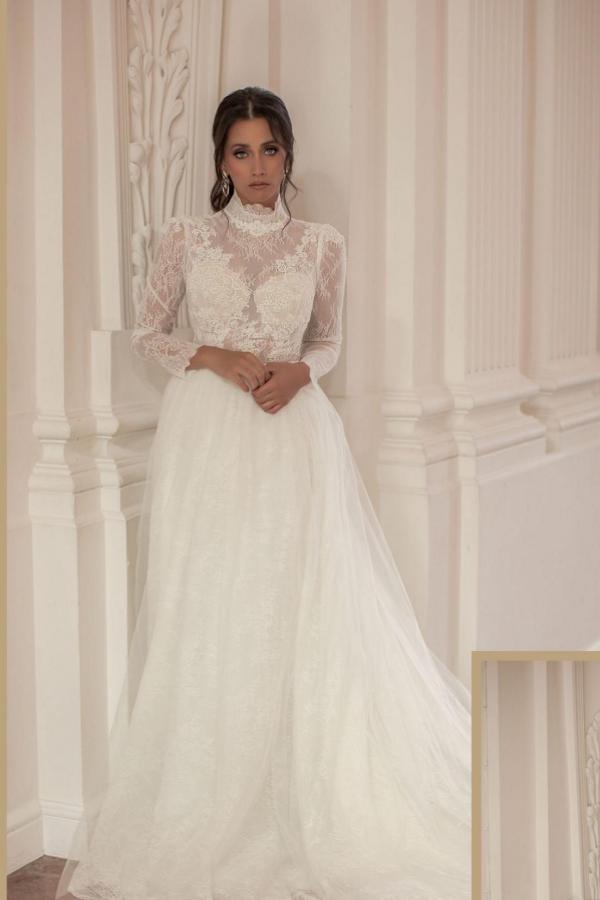 Elegant High Neck Long Sleeves Lace Chapel Train Wedding Dress