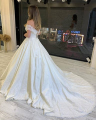 Classy Long A-Line Off the Shoulder Appliques Lace Backless Train Wedding Dress