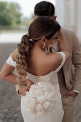 Simple Long Mermaid Off the shoulder Satin Wedding Dress with slit