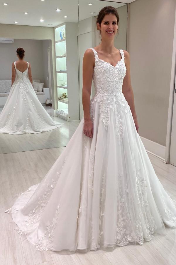 Long A-line V-Neck Sleeveless Tulle Appliques Lace Wedding Dresses