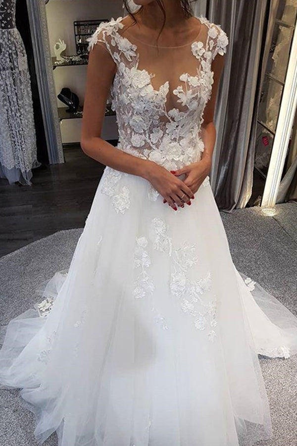 Elegant White Long A-line Lace Appiliques Tulle Wedding Dresses