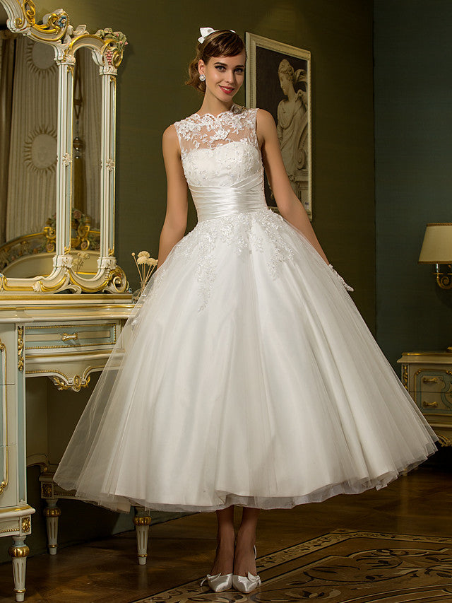 Short A-Line Satin Lace Ankle Length Vintage Wedding Dresses
