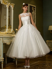 Short A-Line Satin Lace Ankle Length Vintage Wedding Dresses