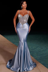 Sparkling Mermaid Spaghetti Straps Long Satin Prom Dress with Beads