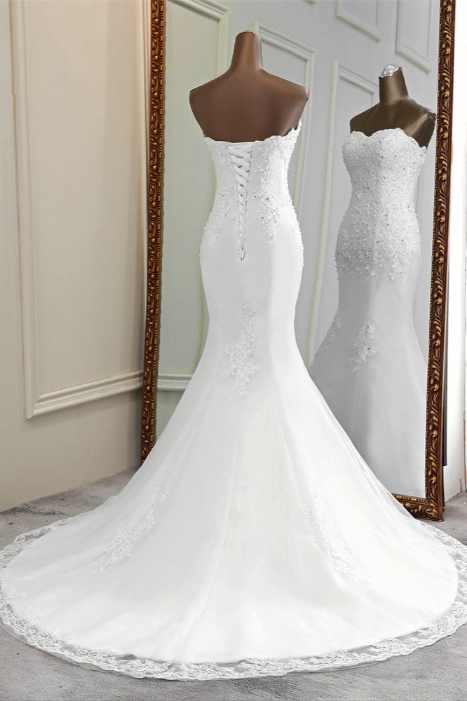 Chic Long Mermaid Strapless Lace Appliques Wedding Dress with Beadings