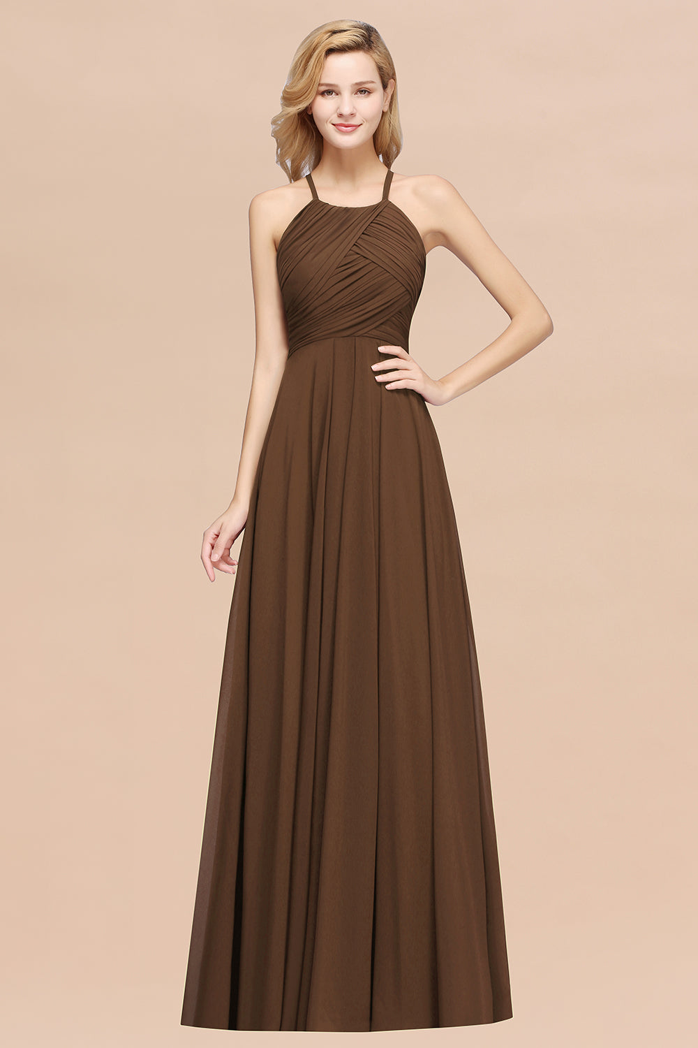 A-Line Chiffon Halter Ruffles Floor Length Bridesmaid Dress