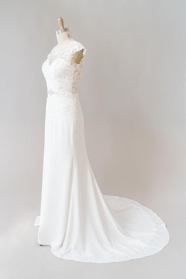 Long Mermaid Lace Chiffon Wedding Dress es with Cap Sleeve