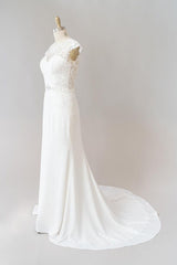 Long Mermaid Lace Chiffon Wedding Dress es with Cap Sleeve