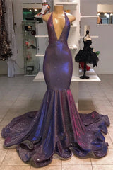 Sexy Long Mermaid V-Neck Sleeveless Prom Dresses