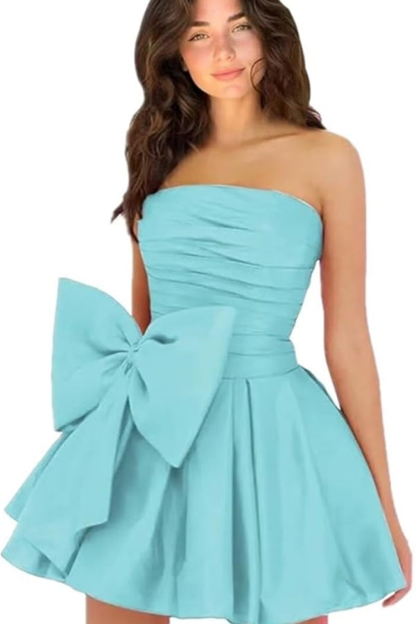 Simple Short A-line Strapless Sleeveless Ruffle Satin Homecoming Dress