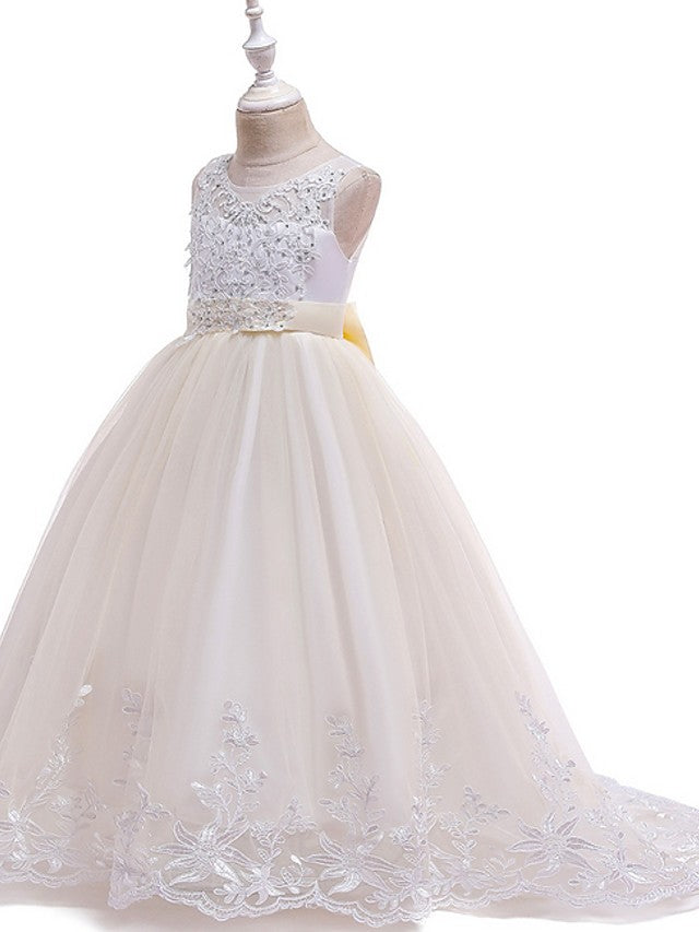 Long Ball Gown Tulle Sleeveless Jewel Neck Wedding Party Flower Girl Dresses With Bow