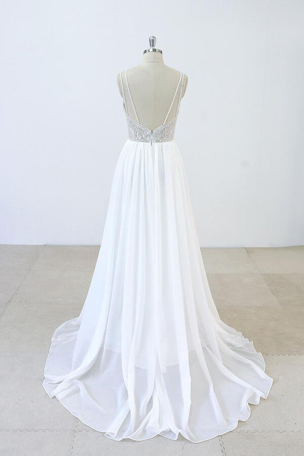 Elegant Long V-neck Beading Chiffon A-line Wedding Dress