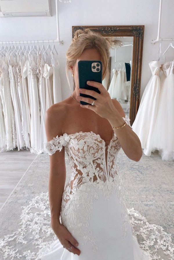 Elegant Long Mermaid Off the Shoulder Chiffon Lace Backless Wedding Dresses