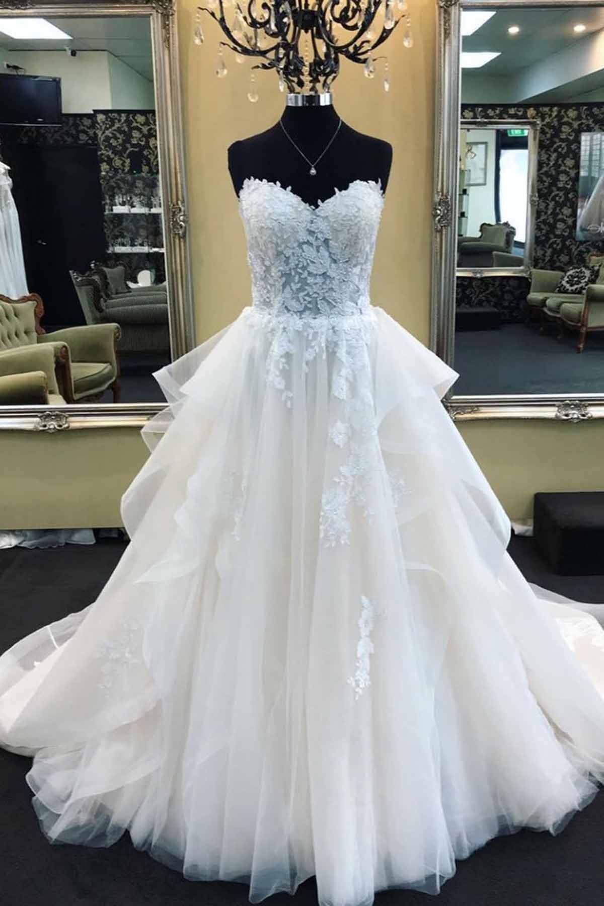 Strapless Long A-Line White Lace Tulle Wedding Dress