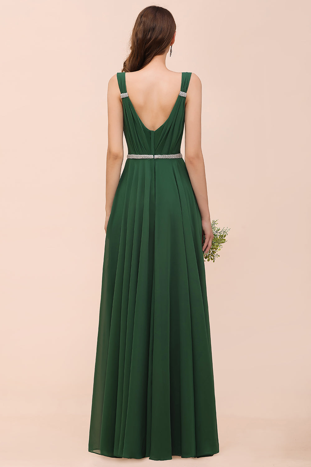Gorgeous Long A-ine V-Neck Chiffon Bridesmaid Dress with Beading Sash