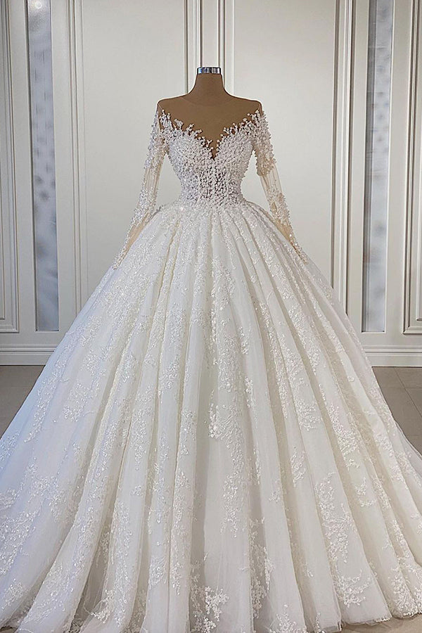 Gorgeous Lace Long Beads Ball Gown Tulle Wedding Dress with Long Sleeves