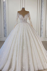 Gorgeous Lace Long Beads Ball Gown Tulle Wedding Dress with Long Sleeves