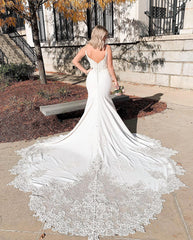 Plus Size Long V-neck Spaghetti Straps Appliques Lace Backless Mermaid Wedding Dress