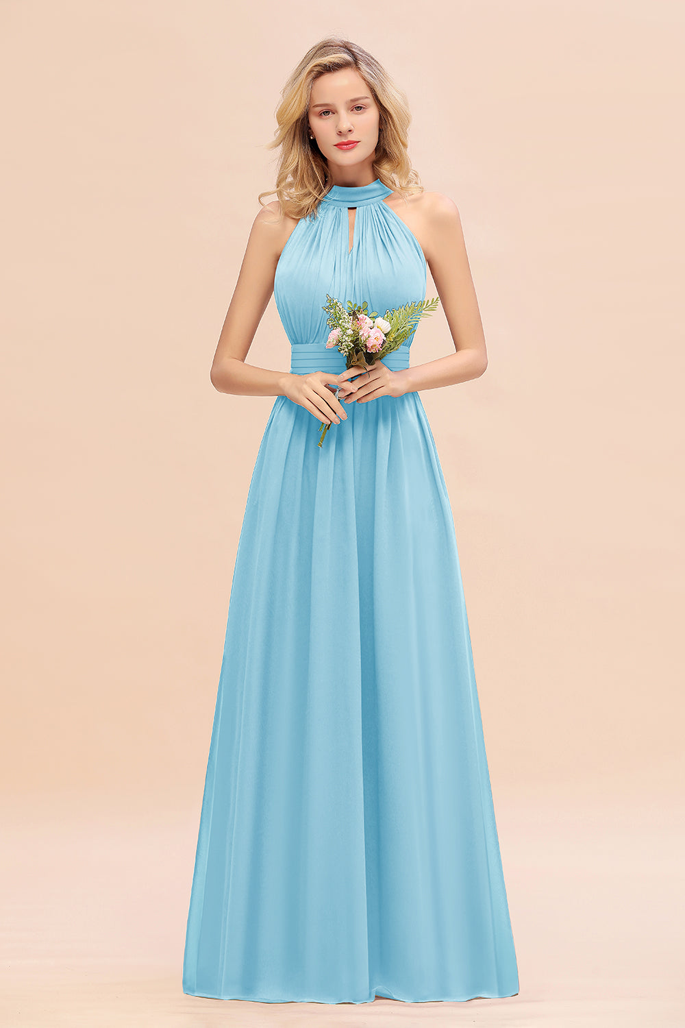 Dusty Sage Long High Neck Chiffon Bridesmaid Dresses with Ruffle