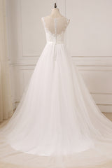 Elegant Long Lace Tulle A-line Backless Wedding Dress