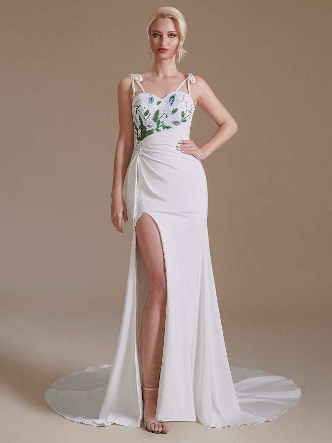 Modest Long Mermaid Satin Spaghetti Straps Open Back Wedding Dress with slit