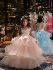 Ball Gown Tulle Short Sleeve Lace Pageant Flower Girl Dresses
