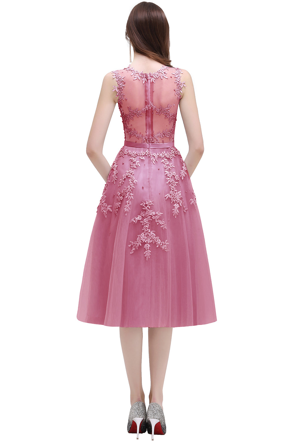 Short A-line Sleeveless Crew Neck Tulle Lace Formal Dress