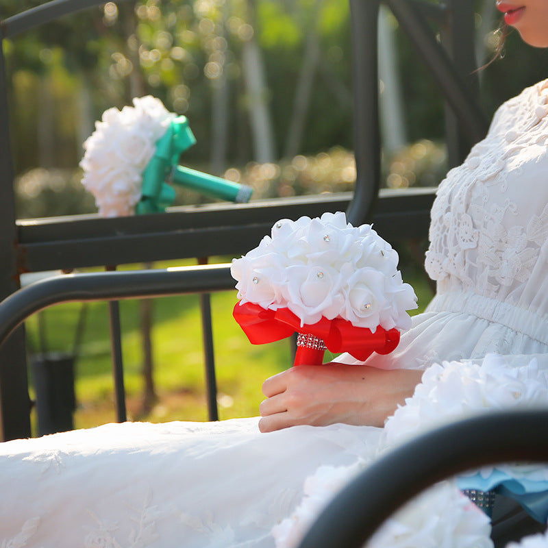 White Silk Wedding Bouquet with Colorful Handles
