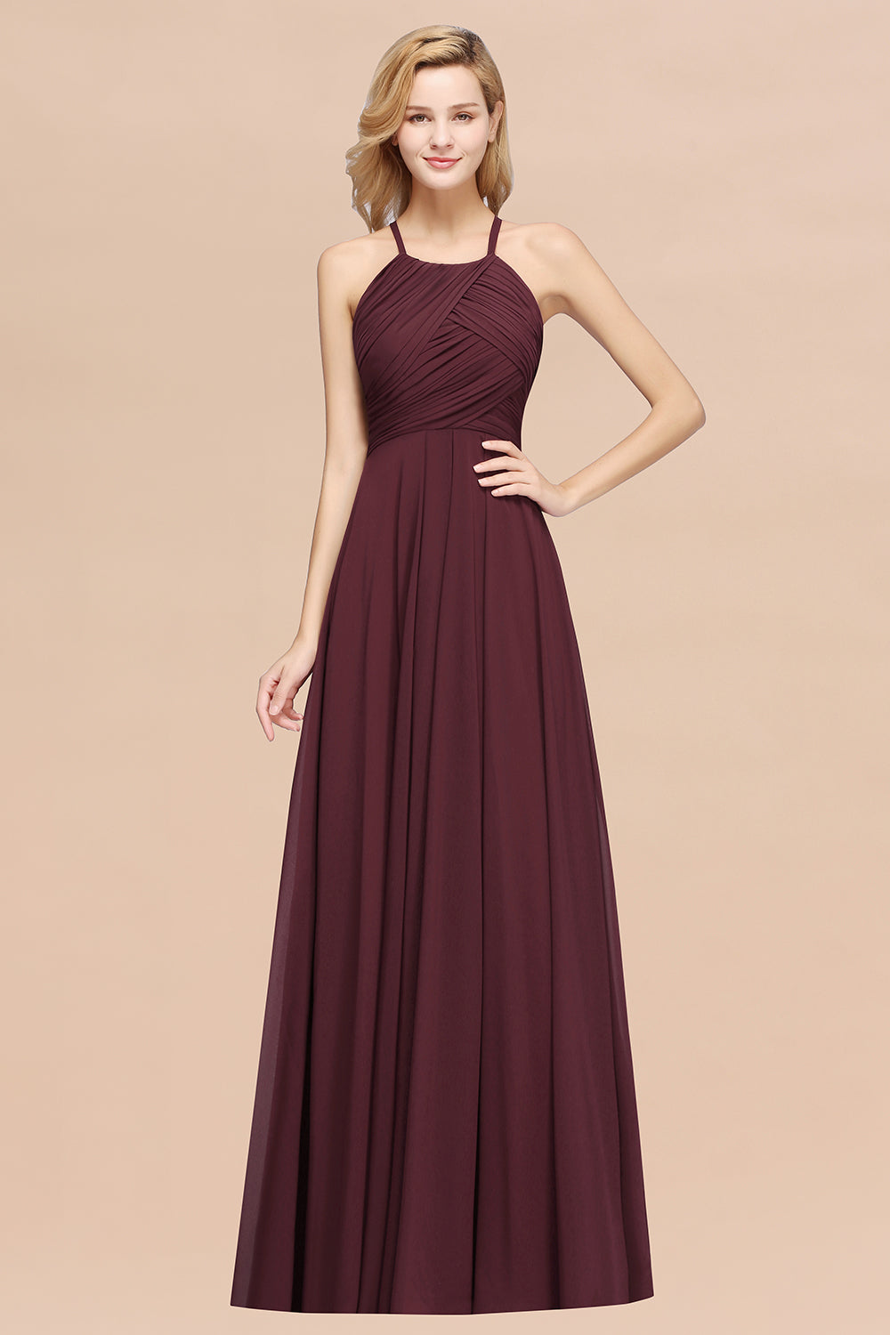 A-Line Chiffon Halter Ruffles Floor Length Bridesmaid Dress