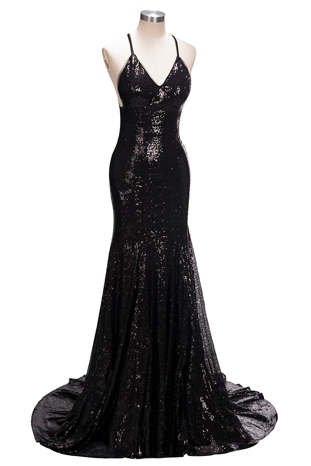 Mermaid V-neck Spaghetti Straps Floor Length Sequined Long Prom Dresses