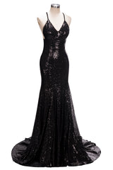 Mermaid V-neck Spaghetti Straps Floor Length Sequined Long Prom Dresses