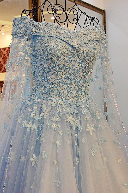 Off the Shoulder Tulle Long Sleeves Beading Flower Ball Gown Prom Dress