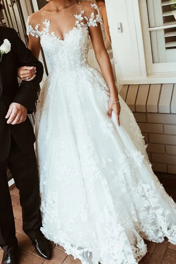 Gorgeous Long A-line Tulle Jewel Beading Appliques Lace Wedding Dresses