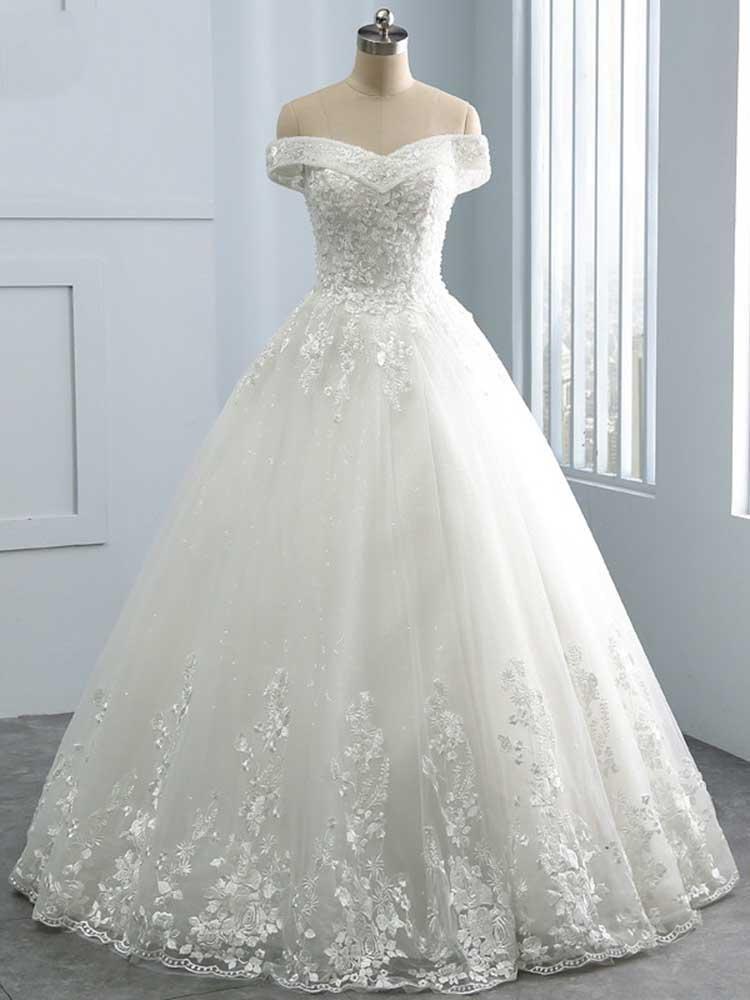 Gorgeous Long Tulle Off the Shoulder Lace Ball Gown Wedding Dresses