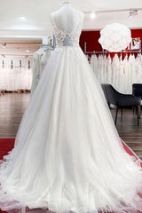 Elegant Long A-line V-neck Tulle Ruffles Floor Length Wedding Dress
