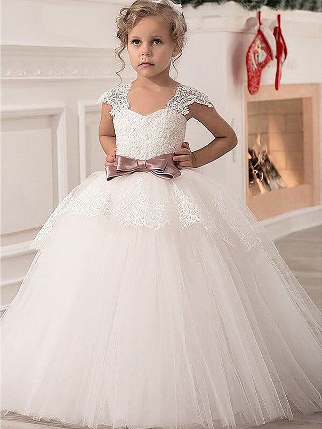 Ivory Long Ball Gown Floor Length Lace Tulle Flower Girl Dresses