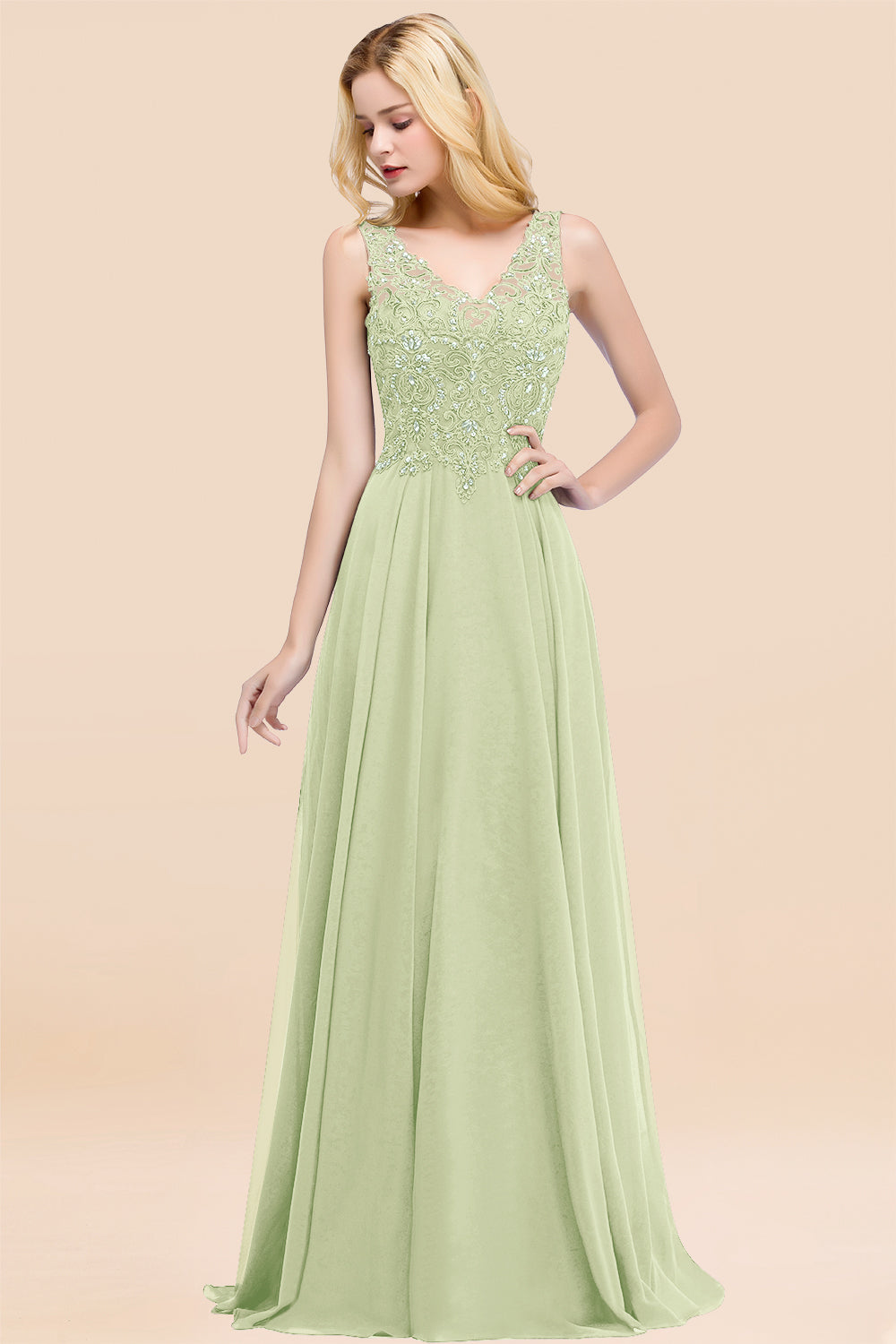 Dusty Rose Lace V-Neck Long Bridesmaid Dresses With Appliques