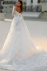 Long A-line Off the Shoulder Tulle Lace Wedding Dresses with Sleeves