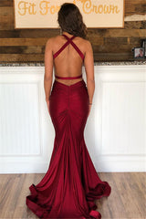 Burgundy Long Mermaid Halter Satin Open Back Prom Dress