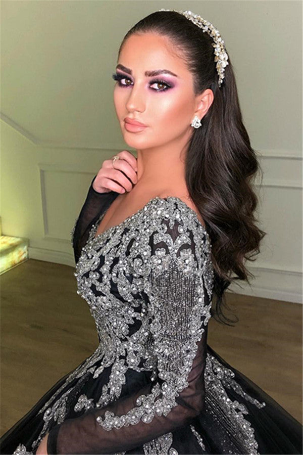 Long Ball Gown V-neck Tulle Appliques Lace Black Prom Dress with Sleeves