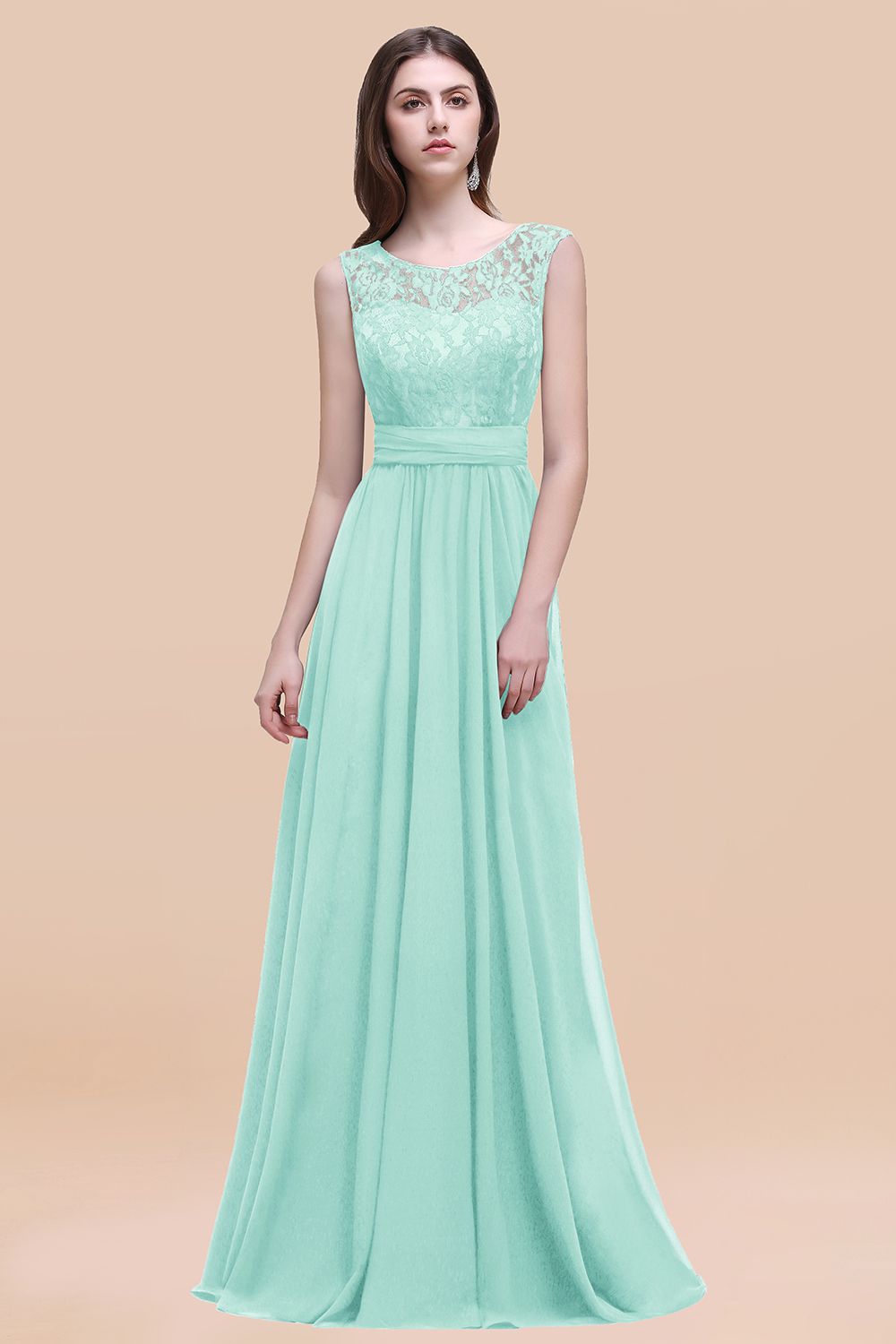 Elegant A-line Chiffon Lace Scoop Sleeveless Floor Length Bridesmaid Dress