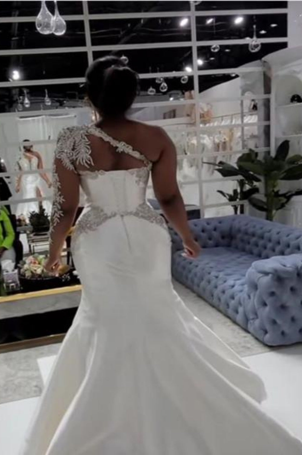 Gorgeous Long Sleeves Ball Gown One Shoulder Satin Lace Wedding Dress with Side Split