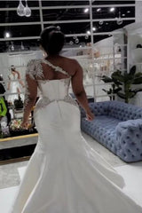 Gorgeous Long Sleeves Ball Gown One Shoulder Satin Lace Wedding Dress with Side Split