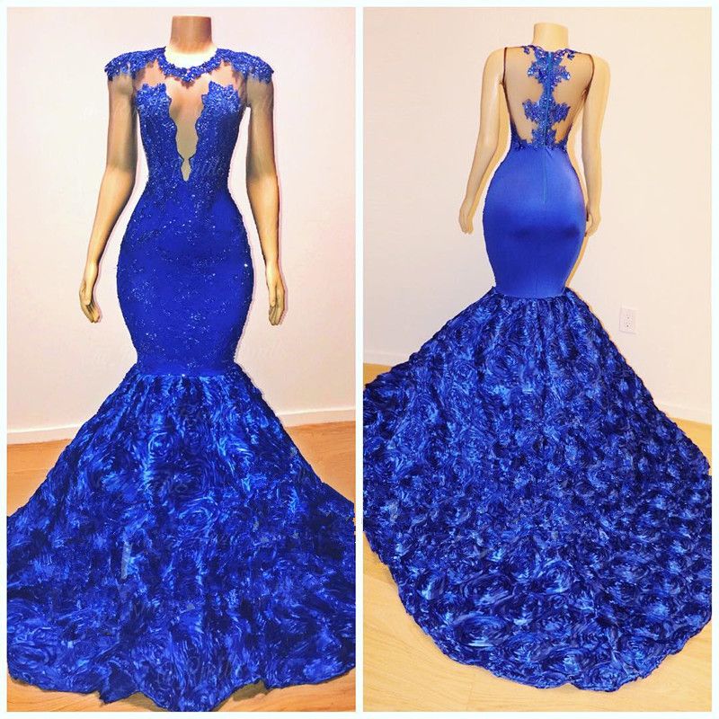 Royal Blue Long Flowers Sleeveless Mermaid Prom Dress With Lace Appliques