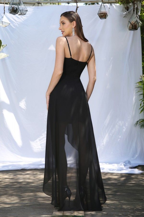 High Low Chiffon Spaghetti Straps Backless Black Party Dress