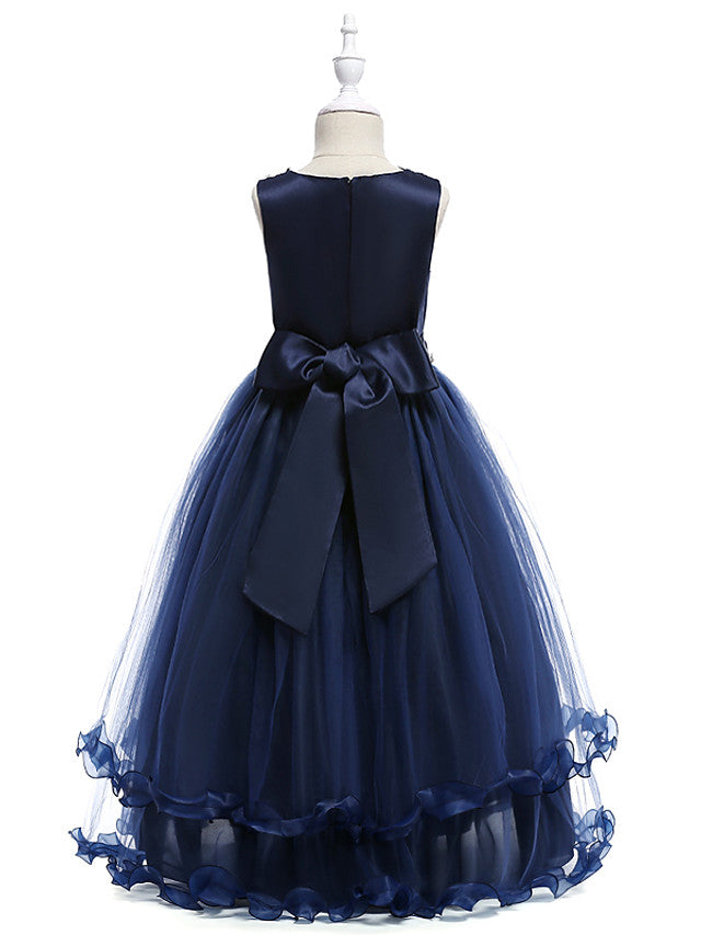Burgundy Long A-line Tulle Sleeveless Jewel Neck Flower Girl Dresses