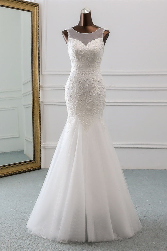 Elegant Long Mermaid Jewel Tulle Backless Wedding Dress with Lace