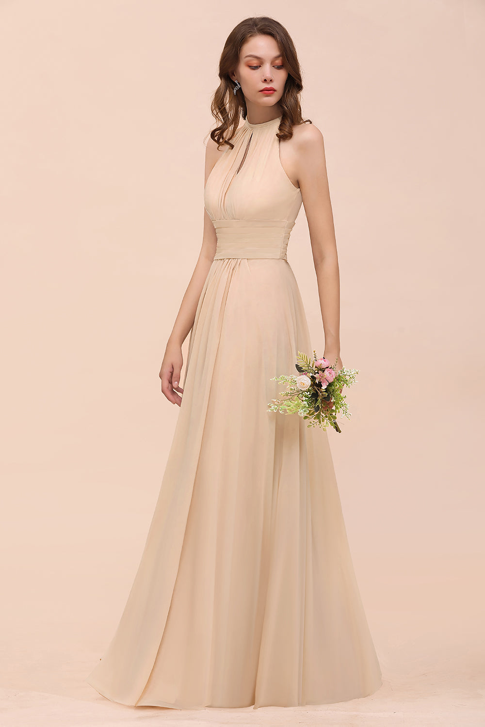 Elegant Long A-Line Jewel Ruffle Chiffon Champagne Bridesmaid Dress