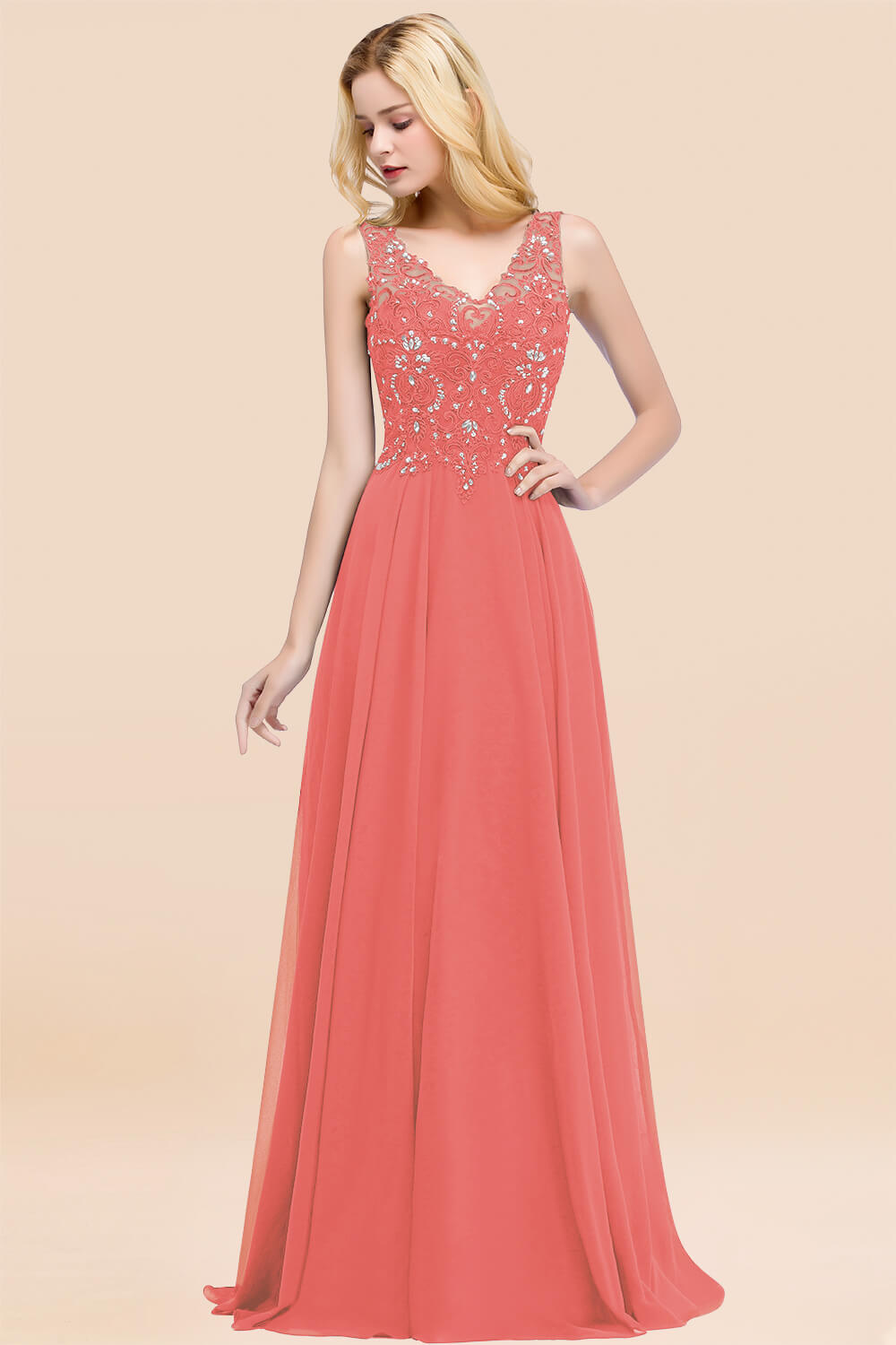A-line Chiffon Appliques V-neck Sleeveless Floor Length Bridesmaid Dresses with Crystals